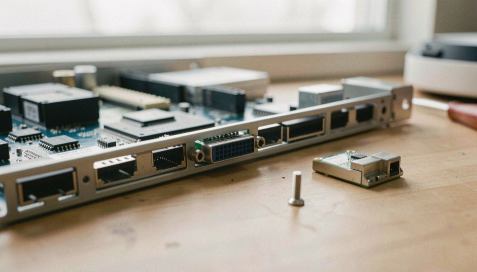 A frame grabber card seated in a full length expansion slot on a workstation motherboard, a small storage module and its standoff screw beside it, on a workbench in soft daylight
