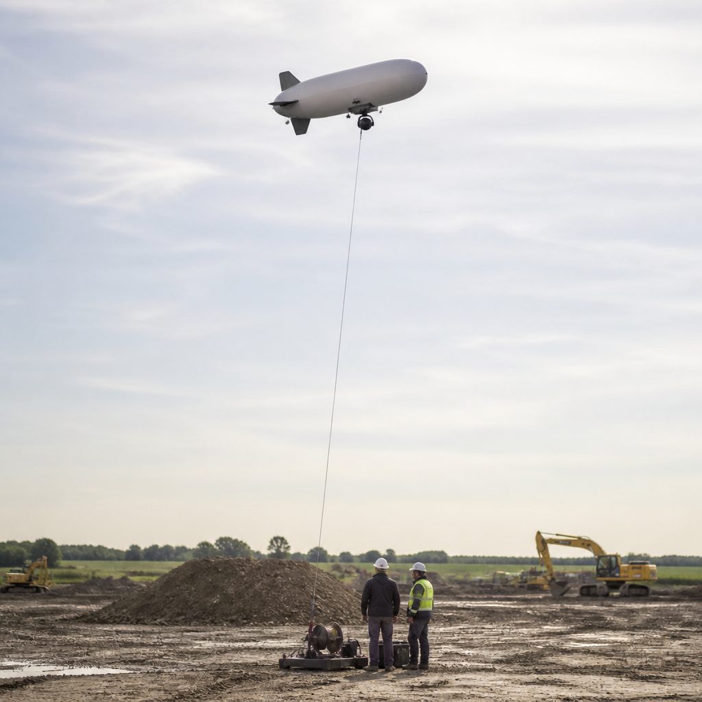 A small helium blimp shaped like a fat cigar hovers about two hundred feet above a flat construction site, held by a single thin tether running down to a winch and a two person ground crew, with a camera pod slung beneath the envelope