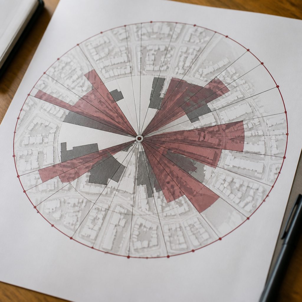 A printed map of a town centre spread on a desk beside a terminal keyboard and a page of handwritten notes, with a low-angle view of a building at the edge of the frame
